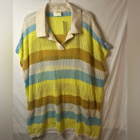 NWT Maeve Anthropologie Open Knit Polo Sweater One Size Striped Summer Layer - Picture 1 of 7